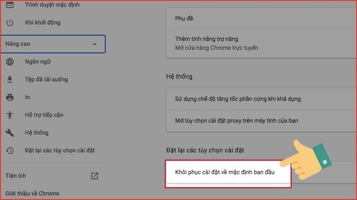 khoi phuc cai dat mac dinh trinh duyet google chrome